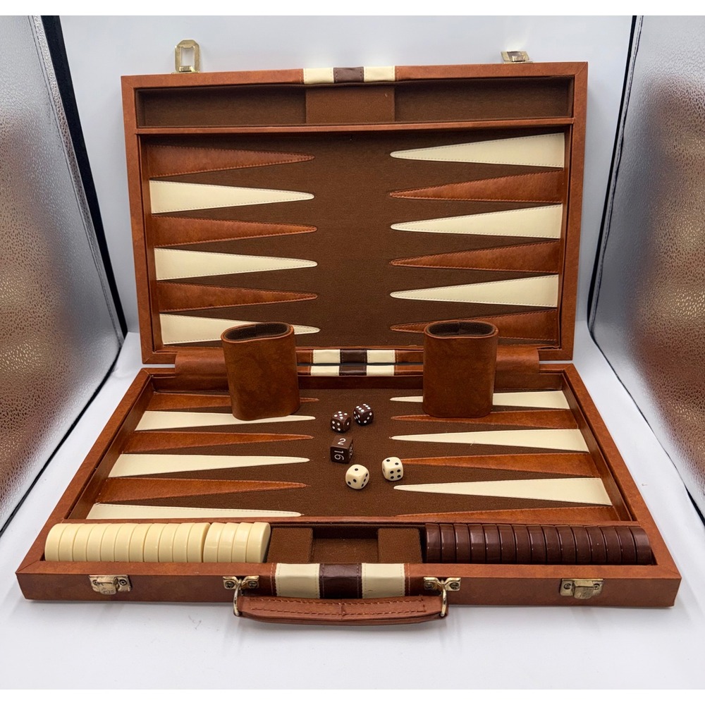 Vintage Backgammon Set Case Large Brown Faux Leather Travel Game